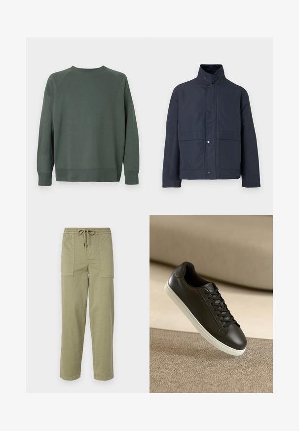 Giacca impermeabile blu navy con colletto alto, bottoni a pressione e due tasche frontali. Realizzata in tessuto resistente con una superficie liscia.; Felpa girocollo in tinta unita verde scuro, con maniche lunghe, polsini a coste e orlo dritto, mostrata di spalle su uno sfondo bianco.; Pantaloni verde oliva chiaro realizzati in tessuto misto cotone, con una vita elasticizzata e cordoncino, e due ampie tasche laterali.; Sneaker in pelle nera con suola in gomma bianca e lacci neri, posizionato su una superficie e sfondo in tessuto beige.