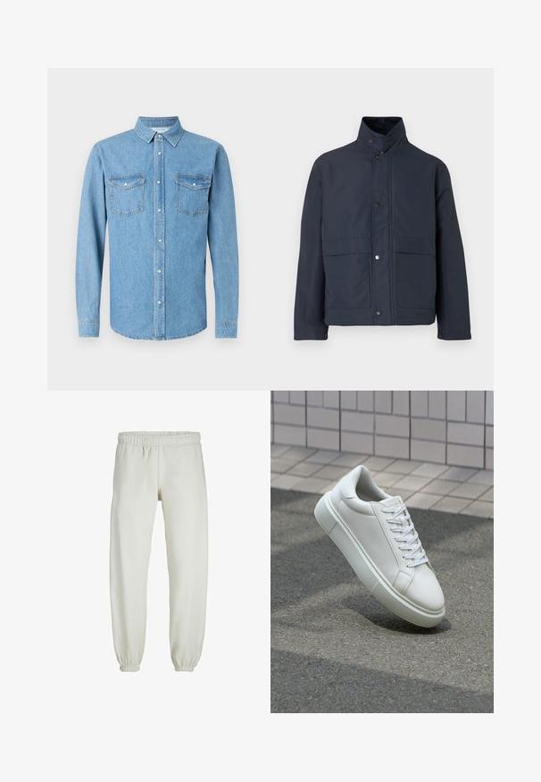 Mornarsko plava vodootporna jakna s visokim ovratnikom, kopčama na dugme i dva prednja džepa. Izrađena od izdržljivog materijala s glatkom teksturom.; Svijetloplava traper košulja s dugim rukavima, kopčanjem na gumbe sprijeda i dva džepa na prsima. Ima klasični ovratnik i glatku teksturu.; Bijele trenirke napravljene od mekanog materijala, s elastikom u struku i na manžetama, glatke teksture i labavog kroja.; Bijela kožna tenisica s glatkom površinom, okruglim vrhom i ravnim bijelim vezicama. Ima teksturiran gumeni potplat i minimalne dizajnerske elemente.