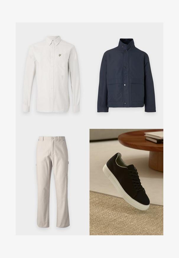 Marineblauwe waterdichte jas met een hoge kraag, drukknoopsluiting en twee voorzakken. Gemaakt van stevige stof met een gladde textuur.; Witte button-up shirt van katoen met lange mouwen. Beschikt over een klein groen geborduurd vogel-logo op de linker borstzak.; Beige cargobroek van stevig katoen met rechte pijpen, voorknopsluiting en zijzakken voor gebruiksgemak. Gladde textuur met subtiele stiksels.; Zwarte sneaker met witte zool die boven een beige gestructureerd tapijt zweeft, nabij een ronde houten tafel met gestapelde boeken.