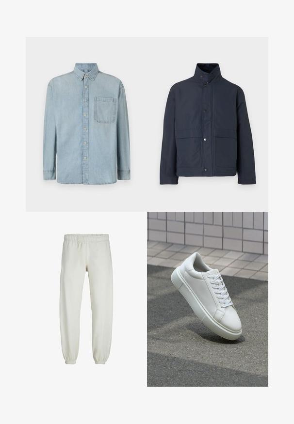 Marineblauwe waterdichte jas met een hoge kraag, drukknoopsluiting en twee voorzakken. Gemaakt van stevige stof met een gladde textuur.; Lichtblauwe denim shirt met lange mouwen, een knoopsluiting aan de voorkant en een enkele borstzak. Het heeft een klassieke kraag en standaard manchetten.; Witte sweatpants gemaakt van zachte stof, met een elastische tailleband en boorden, een gladde textuur en een losvallend ontwerp.; Witte leren sneaker met een glad oppervlak, ronde neus en platte witte veters. Voorzien van een gestructureerde rubberen zool en minimale ontwerpelementen.