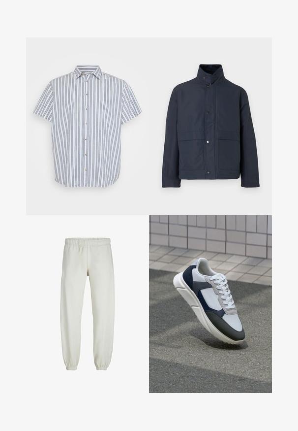 Marineblaue wasserdichte Jacke mit hohem Kragen, Druckknöpfen und zwei vorderen Taschen. Hergestellt aus strapazierfähigem Stoff mit glatter Textur.; Kurzärmliges Hemd in Weiß mit blauen vertikalen Streifen. Es hat einen klassischen Kragen und Holzknöpfe an der Vorderseite.; Weiße Jogginghose aus weichem Stoff, mit elastischem Bund und Säumen, einer glatten Textur und lockerem Schnitt.; Weißer, marineblauer und grauer Sneaker mit einem Materialmix-Design, das ein strukturiertes Obermaterial, flache Schnürsenkel und eine gepolsterte Sohle aufweist.