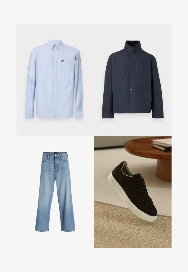 Temno modra vodoodporna jakna z visokim ovratnikom, gumbom na pritisk in dvema sprednjima žepoma. Narejena iz trpežnega blaga z gladko teksturo.; Svetlo modra srajca z dolgimi rokavi in ovratnikom na gumb, sprednji žep in vezeno logotip. Narejena iz teksturirane bombažne tkanine.; Svijetloplave traperice širokih nogavica od denima, s visokim strukom, klasičnim dizajnom s pet džepova te kopčanjem na gumbe s patentnim zatvaračem.; Črni športni copat z belim podplatom lebdi nad bež teksturiranim preprogam blizu okroglega lesenega mize z zloženimi knjigami.