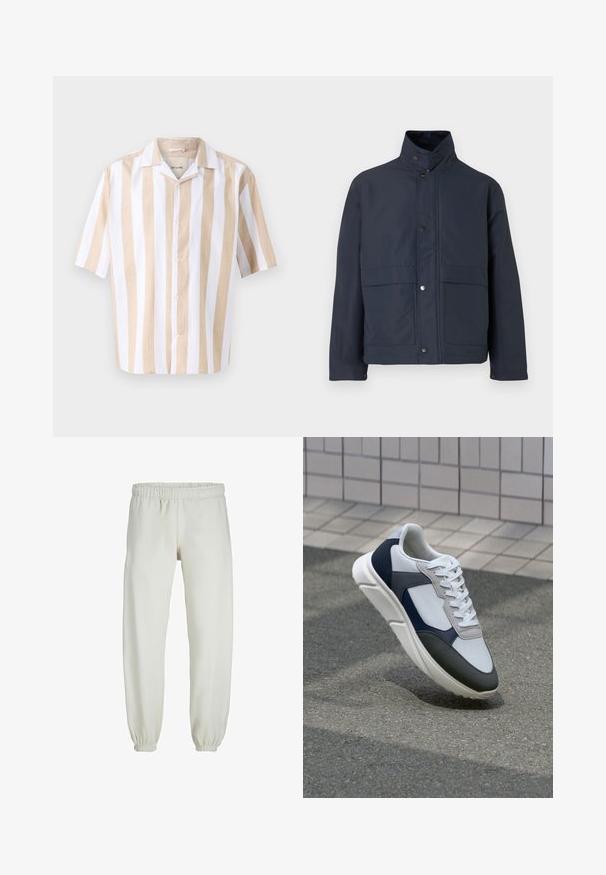 Veste imperméable bleu marine avec un col haut, des boutons-pression et deux poches avant. Fabriquée en tissu durable avec une texture lisse.; Chemise à manches courtes avec boutons en beige clair et rayures verticales blanches. Fabriquée en tissu léger, elle présente un col camp et des boutons.; Pantalons de survêtement blancs en tissu doux, avec une taille et des poignets élastiques, présentant une texture lisse et un design ample.; Baskets blanches, bleu marine et grises avec un design en matériaux mélangés, présentant une tige texturée, des lacets plats et une semelle rembourrée.