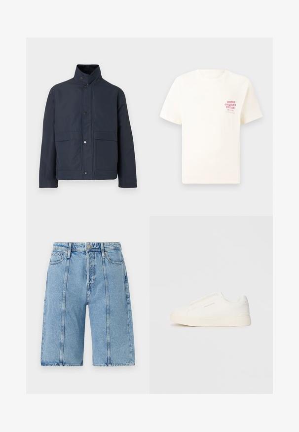 Navy blue waterproof jacket with a high collar, snap buttons, and two front pockets. Made from durable fabric with a smooth texture.; White short-sleeve T-shirt with red text "Studio Originals Edition" on left chest, displayed on a neutral gray background.; Light blue denim shorts featuring a straight cut, five-pocket design, and subtle fading, with metal buttons and stitching accents.; White slip-on sneakers with a textured surface, a thick sole, and minimalistic design. Features brand logo on the side.