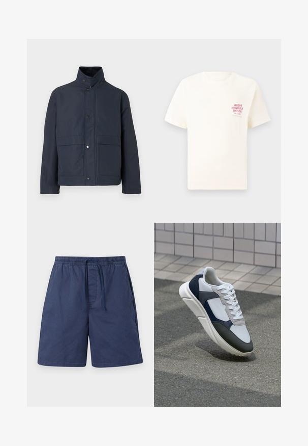 Navy blue waterproof jacket with a high collar, snap buttons, and two front pockets. Made from durable fabric with a smooth texture.; White short-sleeve T-shirt with red text "Studio Originals Edition" on left chest, displayed on a neutral gray background.; Navy blue shorts made from lightweight fabric, featuring an elastic waistband with a drawstring, side pockets, and a relaxed fit.; White, navy, and gray sneaker with a mixed material design, featuring a textured upper, flat laces, and a cushioned sole.