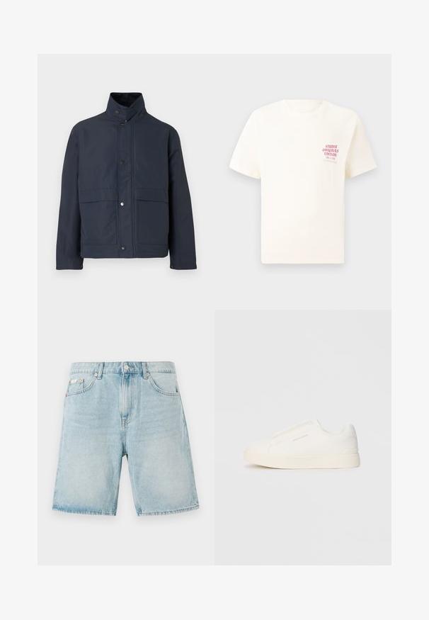 Tengerészkék vízálló dzseki magas gallérral, patent gombokkal és két elülső zsebbel. Tartós anyagból készült, sima textúrával.; Fehér, rövid ujjú póló, bal mellen piros szöveggel "Studio Originals Edition", semleges szürke háttér előtt.; Világoskék farmer rövidnadrág, laza fit, első zsebekkel, gombos záródással és minimális fakulással.; Fehér slip-on sportcipők texturált felülettel, vastag talppal és minimalista dizájnnal. Az oldalon a márka logója található.