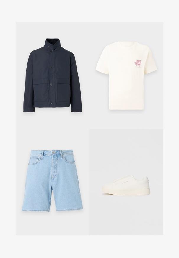 Navy blue waterproof jacket with a high collar, snap buttons, and two front pockets. Made from durable fabric with a smooth texture.; White short-sleeve T-shirt with red text "Studio Originals Edition" on left chest, displayed on a neutral gray background.; Light blue denim shorts with a classic cut, five pockets, button closure, and stitched hem. Durable fabric with a smooth texture.; White slip-on sneakers with a textured surface, a thick sole, and minimalistic design. Features brand logo on the side.