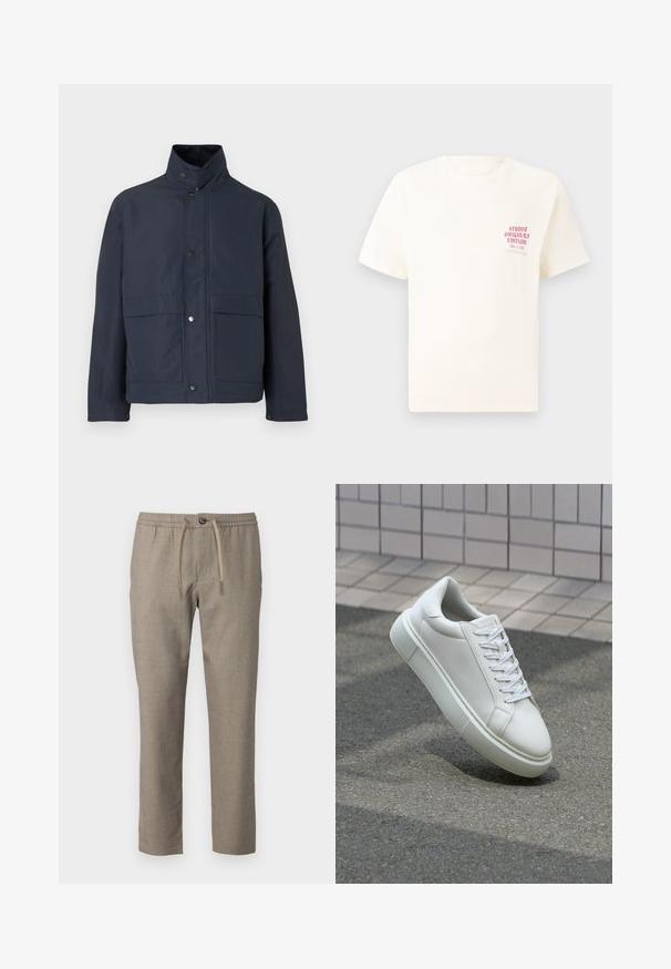 Navy blue waterproof jacket with a high collar, snap buttons, and two front pockets. Made from durable fabric with a smooth texture.; White short-sleeve T-shirt with red text "Studio Originals Edition" on left chest, displayed on a neutral gray background.; Beige trousers with an elastic waistband, drawstring closure, and a straight-leg cut. Material has a subtle texture.; White leather sneaker with a smooth surface, round toe, and flat white laces. Features a textured rubber sole and minimal design elements.
