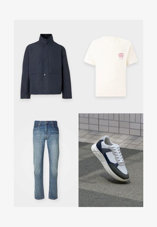 Temno modra vodoodporna jakna z visokim ovratnikom, gumbom na pritisk in dvema sprednjima žepoma. Narejena iz trpežnega blaga z gladko teksturo.; Bela majica s kratkimi rokavi z rdečim napisom "Studio Originals Edition" na levi strani prsnega koša, prikazana na nevtralnem sivo backgroundu.; Modre denim hlače s ravnim krojem, ki imajo zbledeli videz, pet žepov in kovinsko zapiralo na pasu.; Bela, mornarsko modra in siva športna obutev z mešano materialno zasnovo, ki vključuje teksturirano zgornji del, ravne vezalke in oblazinjen podplat.