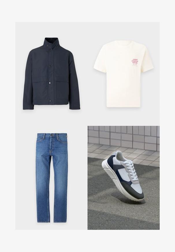Mornarsko plava vodootporna jakna s visokim ovratnikom, kopčama na dugme i dva prednja džepa. Izrađena od izdržljivog materijala s glatkom teksturom.; Bijela kratka majica s kratkim rukavima s crvenim natpisom "Studio Originals Edition" na lijevoj strani grudi, prikazana na neutralnoj sivoj pozadini.; Plave traperice s ravnim nogavicama, klasičnim dizajnom s pet džepova, bakrenim šavovima i izblijedjelim pranjem za izgled nosivosti.; Bijela, mornarsko plava i siva tenisica s dizajnom od miješanih materijala, koja ima teksturirani gornji dio, ravne vezice i udoban đon.