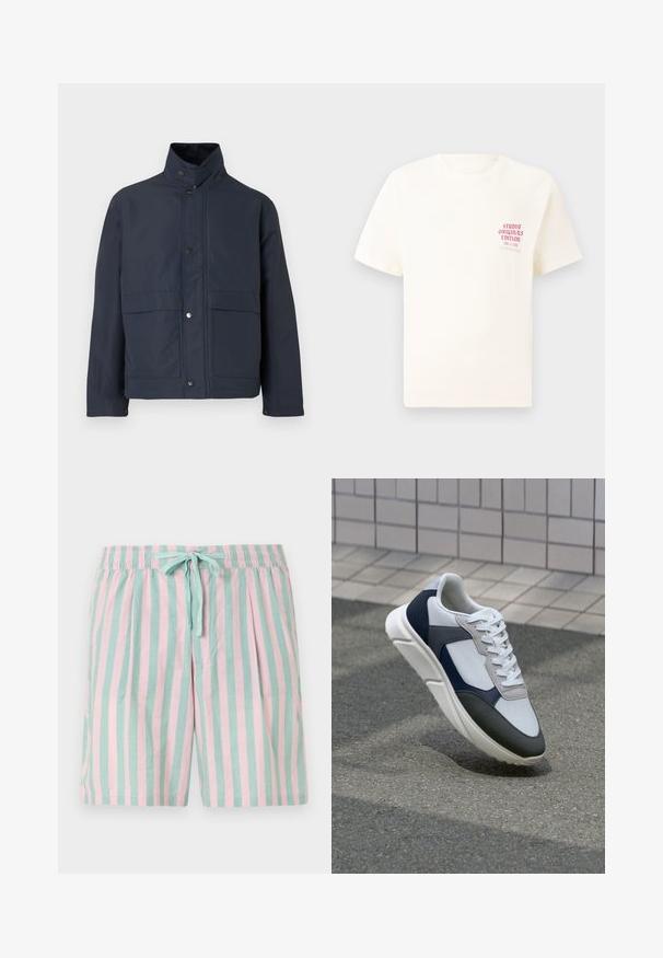 Marineblaue wasserdichte Jacke mit hohem Kragen, Druckknöpfen und zwei vorderen Taschen. Hergestellt aus strapazierfähigem Stoff mit glatter Textur.; Weißes T-Shirt mit kurzen Ärmeln und rotem Text "Studio Originals Edition" auf der linken Brust, präsentiert vor einem neutralen grauen Hintergrund.; Leichte gestreifte Shorts mit abwechselnden teal- und rosa-farbenen vertikalen Streifen, einem elastischen Bund und einer vorderen Schleifenbindung.; Weißer, marineblauer und grauer Sneaker mit einem Materialmix-Design, das ein strukturiertes Obermaterial, flache Schnürsenkel und eine gepolsterte Sohle aufweist.