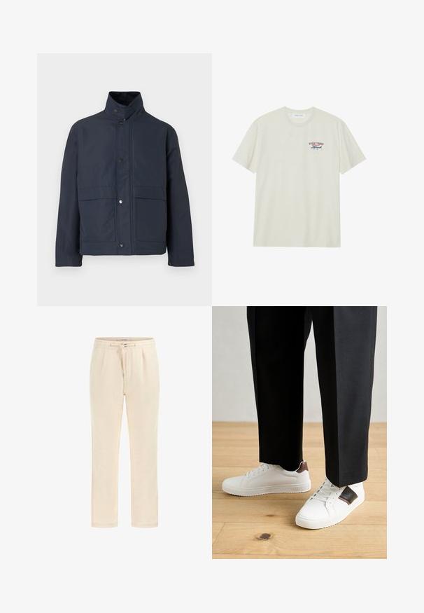 Granatowa wodoodporna kurtka z wysokim kołnierzem, zatrzaskami i dwiema przednimi kieszeniami. Wykonana z wytrzymałego materiału o gładkiej fakturze.; Jasna kremowa bawełniana koszulka z krótkim rękawem. Posiada małą niebiesko-czerwoną grafikę marlin oraz napis "MARLIN TROPHY".; Beżowe dresy wykonane z miękkiego materiału, z elastycznym pasem, sznurkiem i bocznymi kieszeniami. Prosty krój nogawek z gładką fakturą.; Białe trampki o gładkiej fakturze, z brązowymi skórzanymi akcentami i czarnymi detalami, zestawione z czarnymi eleganckimi spodniami. Tło stanowi drewniana podłoga.