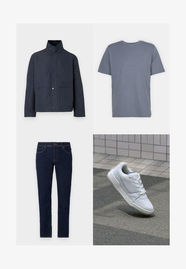 Mornarsko plava vodootporna jakna s visokim ovratnikom, kopčama na dugme i dva prednja džepa. Izrađena od izdržljivog materijala s glatkom teksturom.; Siva majica s kratkim rukavima u kroju s okruglim izrezom, izrađena od mekane mješavine pamuka. Jednostavan dizajn, bez uzoraka ili naglasaka.; Tamno plave traperice s uskim krojem. Imaju standardni dizajn s pet džepova, kontrastno šivanje i metalno kopčanje.; Bijele kožne tenisice s perforiranim bočnim dijelovima, teksturiranim akcentima, ravnim vezicama i kontrastnim sivim petom. Imaju blago povišenu potplat.