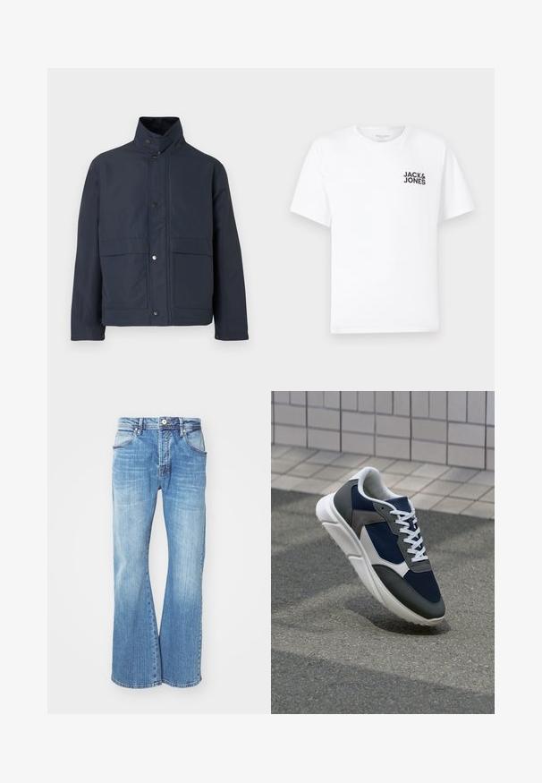 Temno modra vodoodporna jakna z visokim ovratnikom, gumbom na pritisk in dvema sprednjima žepoma. Narejena iz trpežnega blaga z gladko teksturo.; Bela bombažna majica, kratki rokavi, okrogla izreza. Na levi strani prsnega dela se nahaja črn logotip "JACK & JONES". Preprost, enostaven dizajn.; Svetlo modri kavbojki z razširjeno zasnovo, ki imajo klasičen pet-pocket stil, zadrgo in kontrastno šivanje ob šivih.; Superge z zgornjim delom iz mrežaste tkanine v mornarsko modri barvi, sivi usnjeni poudarki, belo gumijasto podplato in ravnimi belimi vezalkami, zasnovane za udobje in zračnost.
