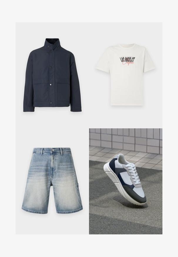 Temno modra vodoodporna jakna z visokim ovratnikom, gumbom na pritisk in dvema sprednjima žepoma. Narejena iz trpežnega blaga z gladko teksturo.; Bela bombažna majica s kratkimi rokavi in krožnim izrezom. Ima grafiko "Los Angeles California" v črni in rdeči barvi. Preprost, sproščen kroj.; Denimske kratke hlače v zbledeli modri barvi, ohlapnega kroja in ravnega rezanja. Imajo pet žepov in ozke zanke za pas ter diskreten izdrgnjen vzorec.; Bela, mornarsko modra in siva športna obutev z mešano materialno zasnovo, ki vključuje teksturirano zgornji del, ravne vezalke in oblazinjen podplat.