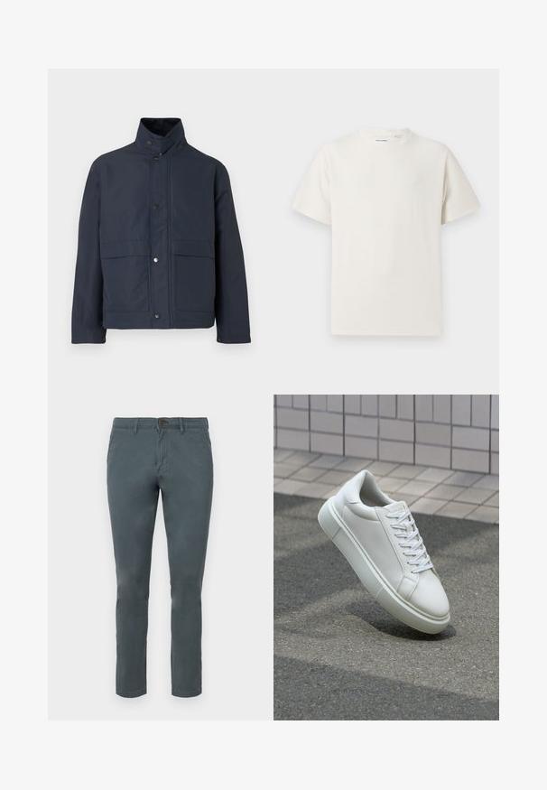 Giacca impermeabile blu navy con colletto alto, bottoni a pressione e due tasche frontali. Realizzata in tessuto resistente con una superficie liscia.; T-shirt bianca a maniche corte in texture a coste. Girocollo, vestibilità rilassata, senza modelli o accenti visibili. Design semplice e versatile.; Pantaloni in cotone grigio con una vestibilità slim, chiusura con bottone e due tasche frontali. Tessuto liscio e design a gamba dritta.; Sneaker bianco in pelle con superficie liscia, punta rotonda e lacci piatti bianchi. Presenta una suola in gomma texturizzata e un design minimale.