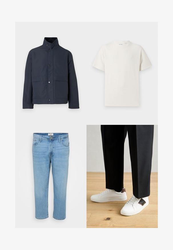 Tumesinine veekindel jakk kõrge kraega, nööbid ja kaks eesmist taskut. Valmistatud vastupidavast kangast, millel on sile tekstuur.; Valge lühikeste varrukatega T-särk ribakudumises. Ümar kaelus, mugav lõige, nähtavad mustrid ega aksessuaarid puuduvad. Lihtne ja mitmekesine disain.; Helehelesin helesinine teksapüksid, lõdva lõikega, viie tasku disainiga, nööbiga kinnitamine ning nähtavad õmblusdetailid.; Valged sneakersid siledat tekstuurist, millel on pruunad nahast detailid ja mustad aksessuaarid, millele on sobitatud mustad kohandatud püksid. Puitpõranda taust.