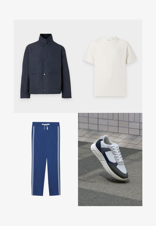 Marinblå vattentät jacka med hög krage, tryckknappar och två framfickor. Tillverkad av slitstark tyg med en slät textur.; Vit t-shirt med kort ärm i ribbad struktur. Rund halsringning, löst sittande passform, inga synliga mönster eller detaljer. Enkelt och mångsidigt design.; Mörkblå sportbyxor med vita sidostråk, elastisk midja, dragsko och mjuk tygstruktur, designade för komfort och rörlighet.; Vit, marinblå och grå sneaker med en blandad materialdesign, som har ett texturerat ovandel, platta snören och en vadderad sula.