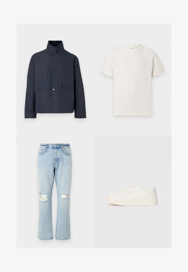 Námornícky modrá nepremokavá bunda s vysokým golierom, cvokovými gombíkmi a dvoma prednými vreckami. Vyrobená z odolného materiálu s hladkou textúrou.; Biela krátka tričko s krátkym rukávom so žebrovanou textúrou. Okrúhly výstrih, uvoľnený strih, žiadne viditeľné vzory ani akcenty. Jednoduchý a všestranný dizajn.; Svetlomodré poškodené džínsy s detailmi roztrhnutého kolena, rovné nohy, päť vreciek a denímovou látkou so zafílanou textúrou.; Biele slip-on tenisky s textúrovaným povrchom, hrubou podrážkou a minimalistickým dizajnom. Obsahuje logo značky na boku.