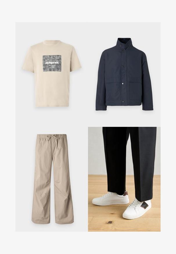 Námornícky modrá nepremokavá bunda s vysokým golierom, cvokovými gombíkmi a dvoma prednými vreckami. Vyrobená z odolného materiálu s hladkou textúrou.; Béžové bavlnené tričko s grafickým šedým kamuflážovým štvorcom, na ktorom je text "jack&jones" a "CORE NINE ZERO". Okrúhly výstrih a krátke rukávy.; Béžové široké nohavice s elastickým pásom a šnúrkou. Hladký povrch, dve bočné vrecká a minimálne švy pre uvoľnený strih.; Biele tenisky s hladkým povrchom, s hnedými koženými akcentmi a čiernymi detailmi, spárované s čiernymi elegantnými nohavicami. Pozadím je drevená podlaha.