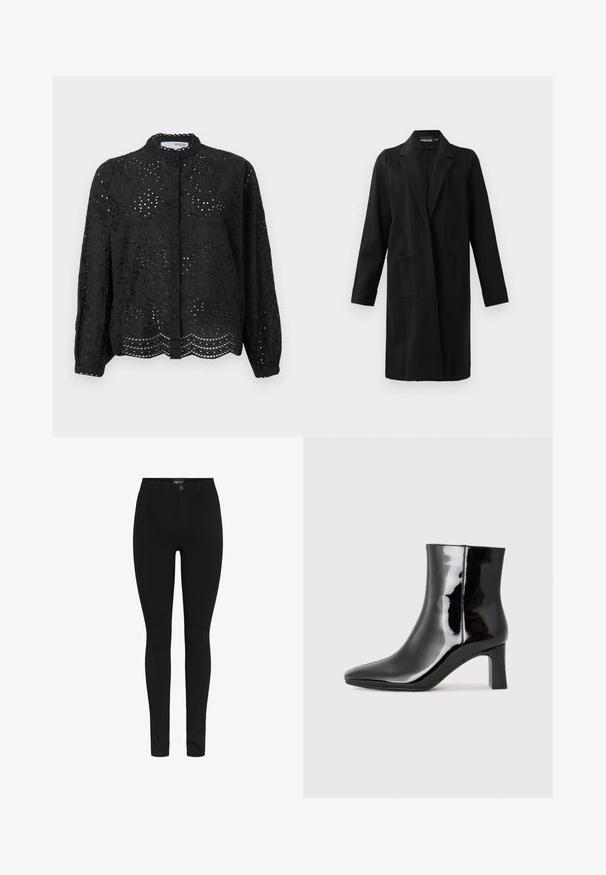 Svart knelang jakke med krage, lange ermer, to frontlommer og uten synlige knapper eller lukking.; Svart knappetopp med lange ermer, med intrikat broderi og bølget kant. Laget av lett materiale med tekstur.; Pieces PCHIGH NOOS - Jeggings - black; Sorte patentlær ankle boot med spiss tå og en mellomhøy blokkhelt. Glatt tekstur og minimalistisk design.