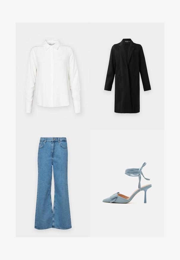 Fekete, térd fölé érő kabát, hajtókával, hosszú ujjakkal, két elülső zsebbel, látható gombok vagy zárak nélkül.; Fehér, hosszú ujjú ing gallérral, sima anyagból készült; egyenes vonalú szabása és finom textúrája van.; Világoskék, trapézszárú farmernadrág, magas derékkal, öt zsebbel és egy gombos záródással. Puha tapintású, magasított effektusú anyag.; Hegyes orrú magassarkú cipő világoskék szövetből, texturált felülettel, masnis díszítéssel és bokapánttal a biztos illeszkedésért.