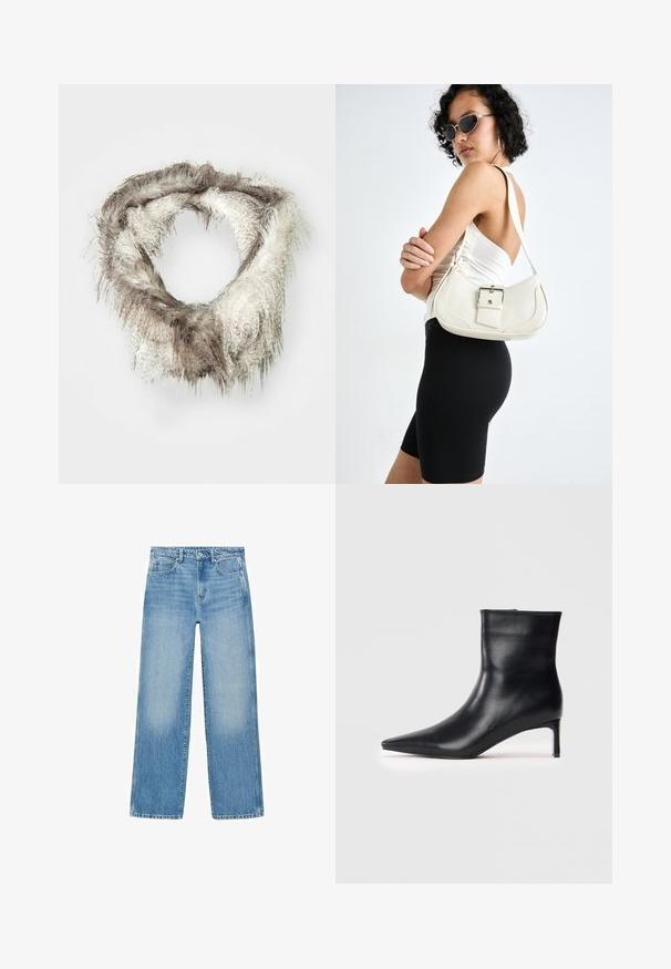 Abrigo negro de longitud hasta la rodilla, con cuello de solapa, mangas largas, dos bolsillos de parche en la parte frontal y sin botones ni cierres visibles.; Bufanda infinity de pelo sintético en marrón claro y crema, con una textura esponjosa que presenta longitudes de pelo variables y un diseño circular.; Jeans de mezclilla azul claro con corte recto, diseño de cinco bolsillos y un ligero desvanecimiento. Presenta un cierre de botón y cremallera en la cintura.; Bota de tobillo de piel negra con puntera afilada, diseño elegante y un tacón kitten delgado. Textura suave sin adornos visibles.; Bolso de piel blanco con forma curvada, correa ajustable y un pequeño detalle de hebilla. La modelo lleva un conjunto negro ajustado.