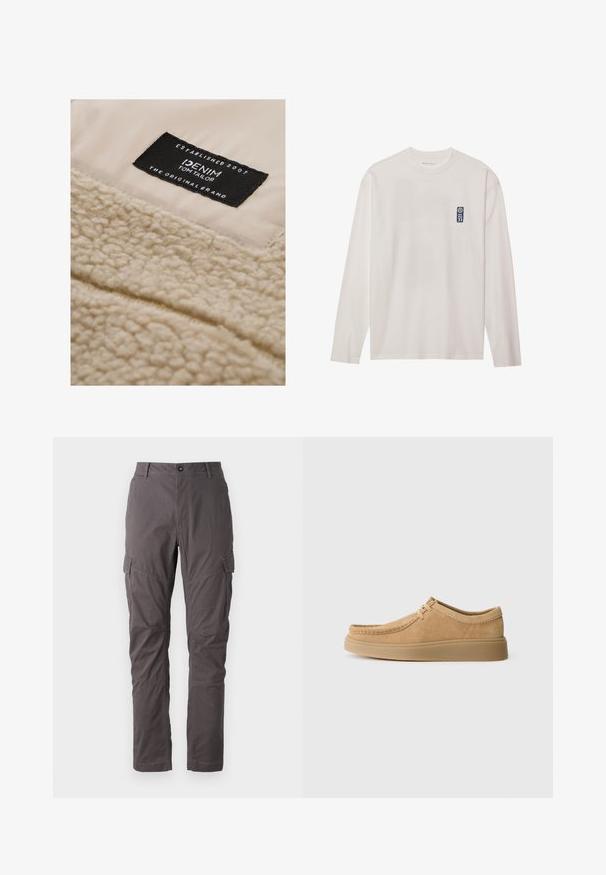 Tissu beige texturé avec une finition douce et duveteuse ; présente une étiquette noire avec un texte blanc indiquant "DENIM TOM TAILOR" et les détails associés.; T-shirt blanc à manches longues en coton, arborant une petite étiquette logo bleue sur le haut du côté gauche de la poitrine et un col rond.; Pantalons cargo gris avec une coupe droite, dotés de plusieurs poches latérales et de coutures renforcées le long des jambes. Fabriqués en tissu durable.; Chaussures en daim à lacets de couleur beige clair avec un bout arrondi, un motif de couture et une semelle en caoutchouc plate, présentant une texture lisse.