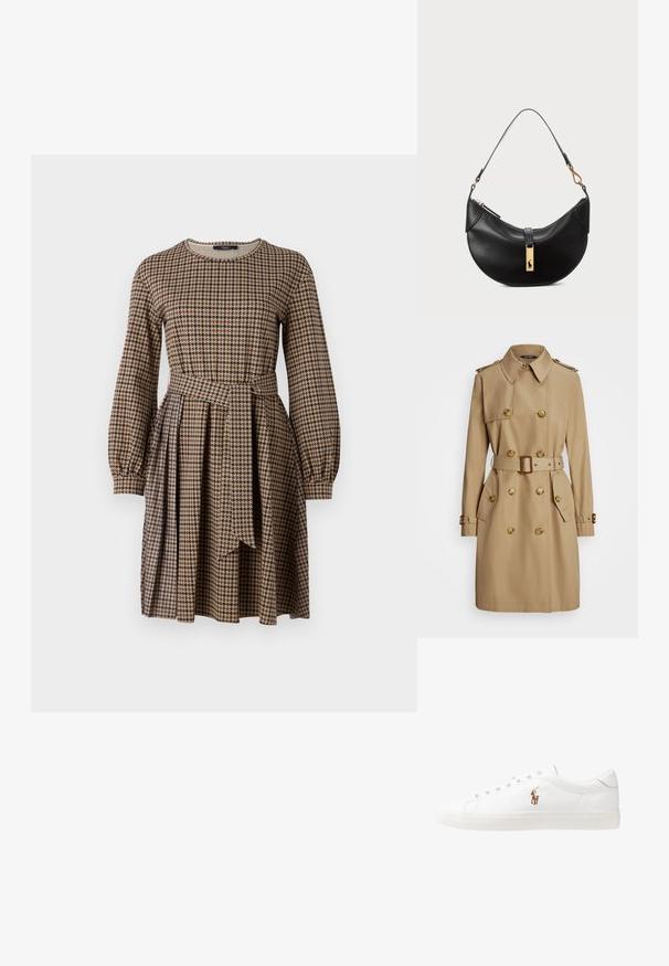 Beige Trenchcoat mit einem doppelt knöpfbaren Design, goldenen Knöpfen, Schulterklappen, tailliertem Gürtel und seitlichen Taschen. Glatte Stoffstruktur.; WEEKEND MaxMara VETTA - Freizeitkleid - cammello; Weiße Leder-Sneaker, niedrig geschnitten, mit glatter Textur, runder Zehenpartie, Schnür vorne und kleinem gesticktem Logo an der Seite.; Schwarze Lederhandtasche in Halbmondform. Verfügt über eine goldene Hardware-Akzentuierung und einen schmalen Tragegurt. Sanfte Textur, Reißverschlussverschluss an der Oberseite.