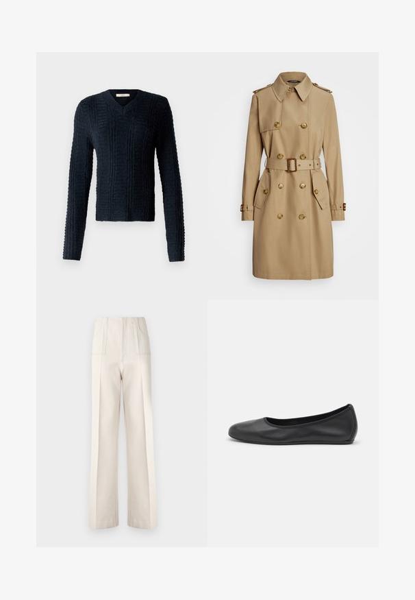Beige takki, jossa on kaksirivinen muotoilu, kultaiset napit, olkaepauletit, vyötärölle sidottava vyö ja sivutaskut. Silkkinen kangas.; Tummansininen neulepaita, jossa on V-pääntie, pitkät hihat, teksturoitu ribbikuvio ja hieman lyhyempi helma.; Beige leveleitä housuja, joissa on korkea vyötärö, kaksi etutaskua ja näkyviä ompelutietoja. Valmistettu sileästä, kevyestä kankaasta.; Musta nahkainen ballerina, jossa on pyöristetty kärki, sileä pinta, minimaalinen ommelkoristelu ja joustava pohjamuotoilu.