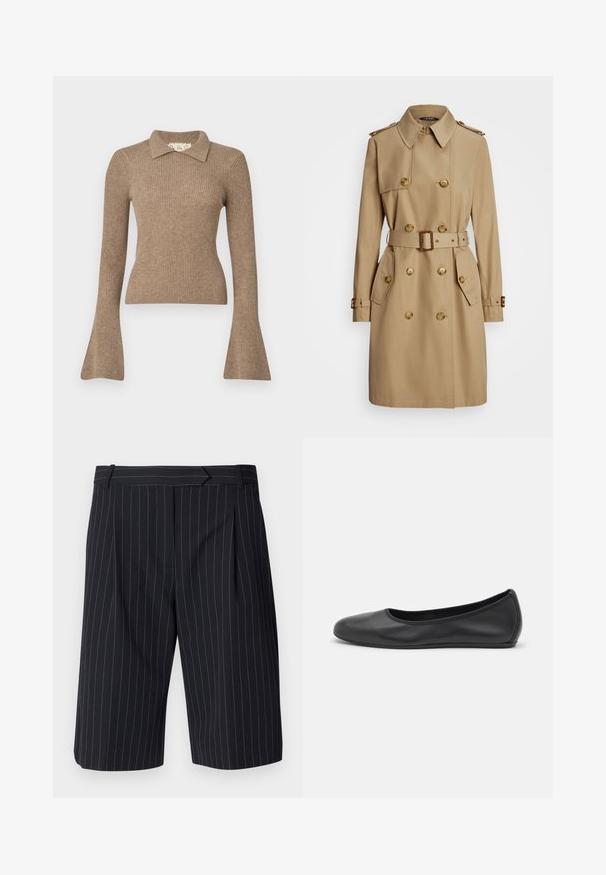 Beige trench coat with a double-breasted design, gold buttons, shoulder epaulets, belted waist, and side pockets. Smooth fabric texture.; DESIGNERS REMIX CARMEN COLLAR - Jumper - camel; Black pinstriped shorts with a tailored fit, featuring a flat front, pleats, and a smooth texture. Belt loops included.; Black leather ballet flat with a rounded toe, smooth texture, minimal stitching detail, and a flexible sole design.