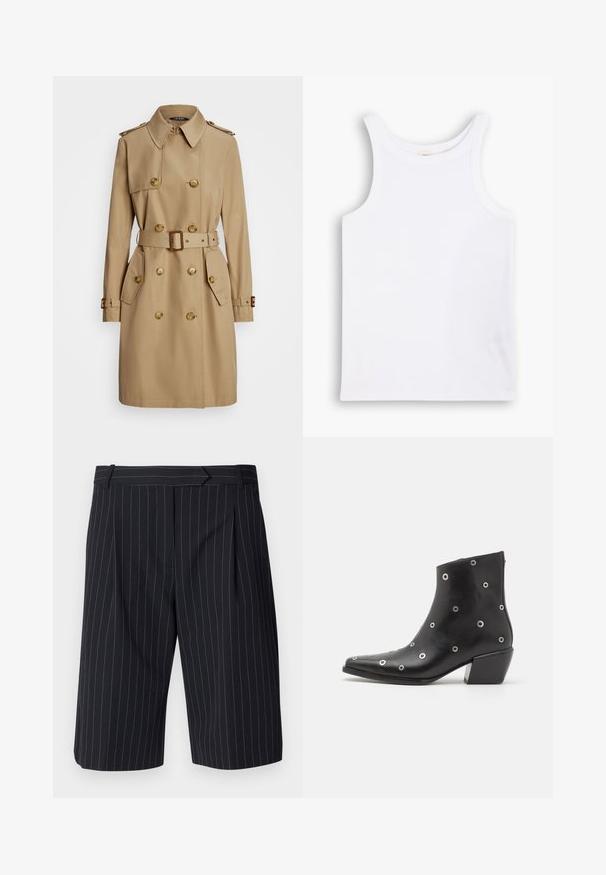 Trench beige con un diseño de doble botonadura, botones dorados, hombreras, cintura ceñida con cinturón y bolsillos laterales. Textura de tela suave.; Top sin mangas de algodón blanco con tirantes anchos, escote redondo y una textura lisa y acanalada. Sin patrones ni adornos.; Pantalones cortos de rayas negras con un corte a medida, que cuentan con un frente plano, pliegues y una textura suave. Incluye pasadores para cinturón.; Bota de tobillo de cuero negro con detalles de ojales plateados, punta afilada y tacón cuadrado. Diseño elegante con una textura suave.