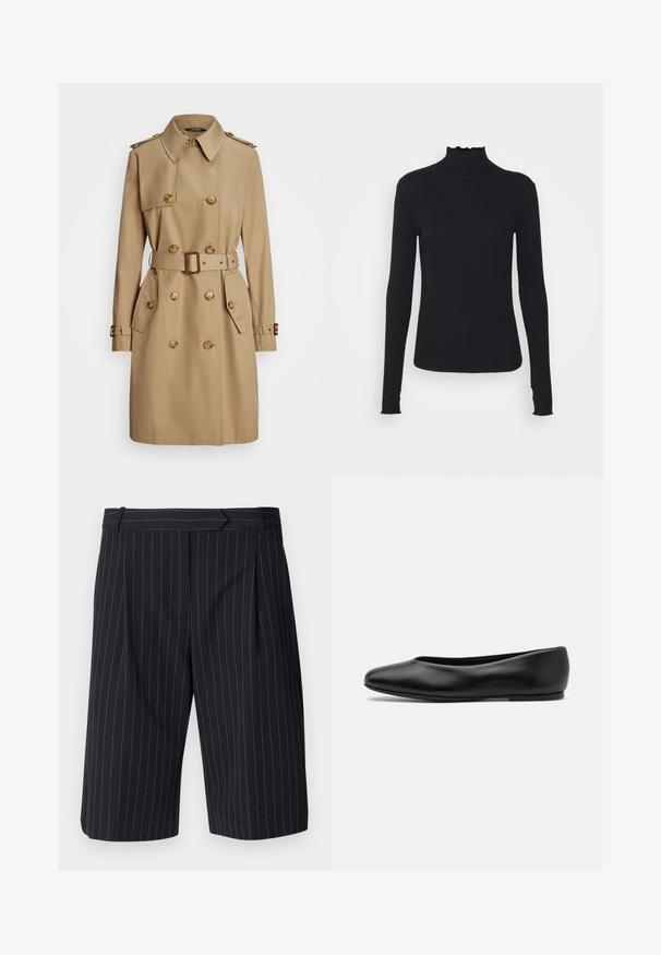 Beige trenchcoat met een dubbelgeknoopte snit, gouden knopen, schouderepauletten, een ceintuur in de taille en zijzakken. Glad textuur van de stof.; Zwarte langärmelige turtleneck top van soepel stof, met een gerimpelde hals en een aansluitende silhouet met eenvoudige randen.; Zwarte gestreepte shorts met een getailleerde pasvorm, voorzien van een platte voorkant, plooien en een gladde textuur. Inclusief riemlussen.; Paul Smith TOPANGA - Ballerina's - black