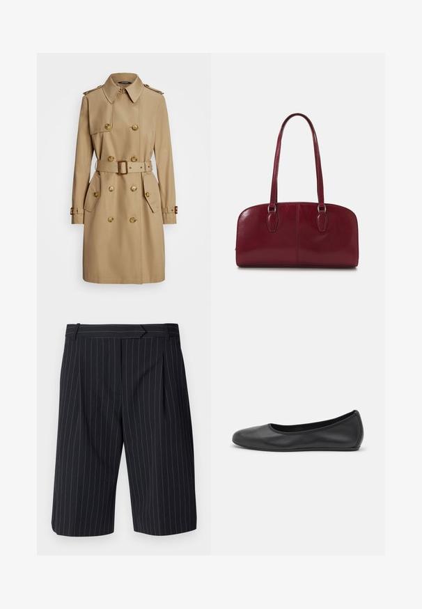 Trench beige con un diseño de doble botonadura, botones dorados, hombreras, cintura ceñida con cinturón y bolsillos laterales. Textura de tela suave.; Top negro sin mangas con tirantes finos, hecho de una tela acanalada, que presenta un corte recto y una etiqueta en el cuello que dice "IVY OAK".; Pantalones cortos de rayas negras con un corte a medida, que cuentan con un frente plano, pliegues y una textura suave. Incluye pasadores para cinturón.; Bailarina de piel negra con punta redondeada, textura suave, detalle de costura minimalista y diseño de suela flexible.; Zign LEATHER - Bolso de mano - dark red