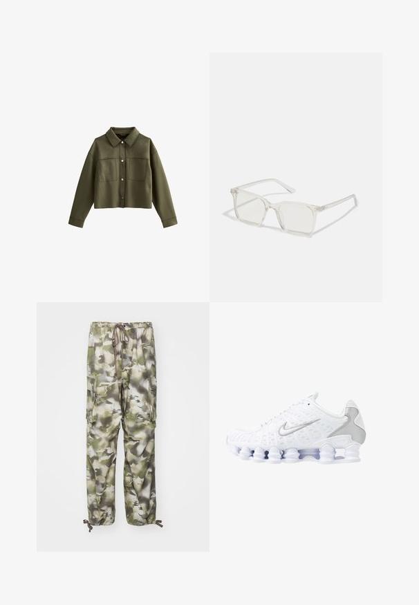 Avskuren olivgrön jacka med krage, två framfickor och silverfärgade knäpplås. Tillverkad av ett slätt tyg med matt yta.; Vit bomullstopp med breda axelband, en rund halsringning och en slät, ribbad textur. Inga mönster eller detaljer finns.; Cargo-byxor i kamouflage-mönster med nyanser av grönt och grått, elastisk midja med dragsko och två sidofickor.; Vita sportskor med nätöverdel, silverdetaljer och en unik spiral såldesign. Har vadderad krage och snörning för passform.; Klart plastfyrkantiga glasögon med genomskinliga linser, med guldfärgade detaljer på bågarna för extra stil.
