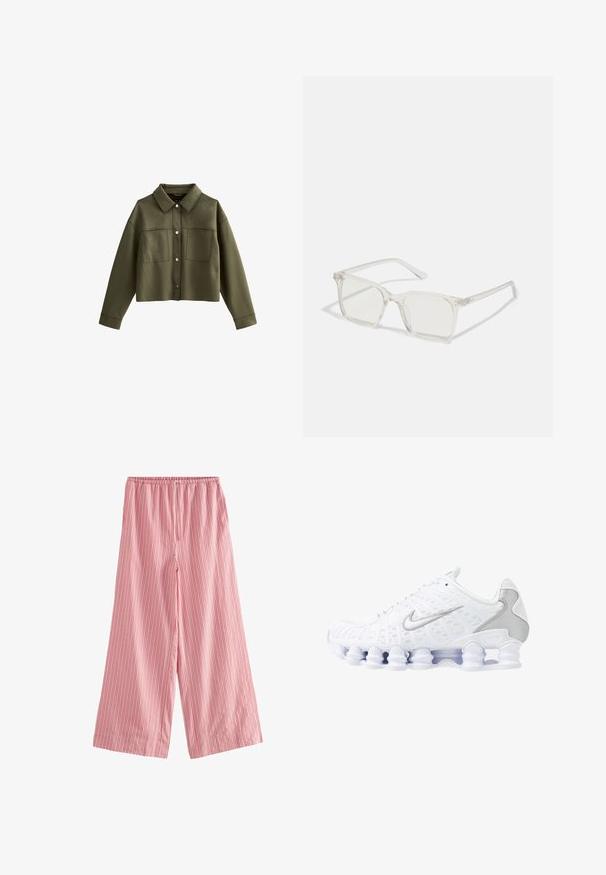 Chaquetón verde oliva recortado con cuello, dos bolsillos frontales y cierres de botón plateado. Fabricado en un tejido suave con textura mate.; Top sin mangas de algodón blanco con tirantes anchos, escote redondo y una textura lisa y acanalada. Sin patrones ni adornos.; Next TEXTURED STRIPE WIDE LEG - Pantalones - pink; Zapatillas deportivas blancas con parte superior de malla, acentos plateados y un diseño de suela de bobina único. Cuenta con un collar acolchado y cierre de cordones para un buen ajuste.; Gafas cuadradas de plástico transparente con lentes translúcidos, que cuentan con acentos dorados en las patillas para un detalle adicional.