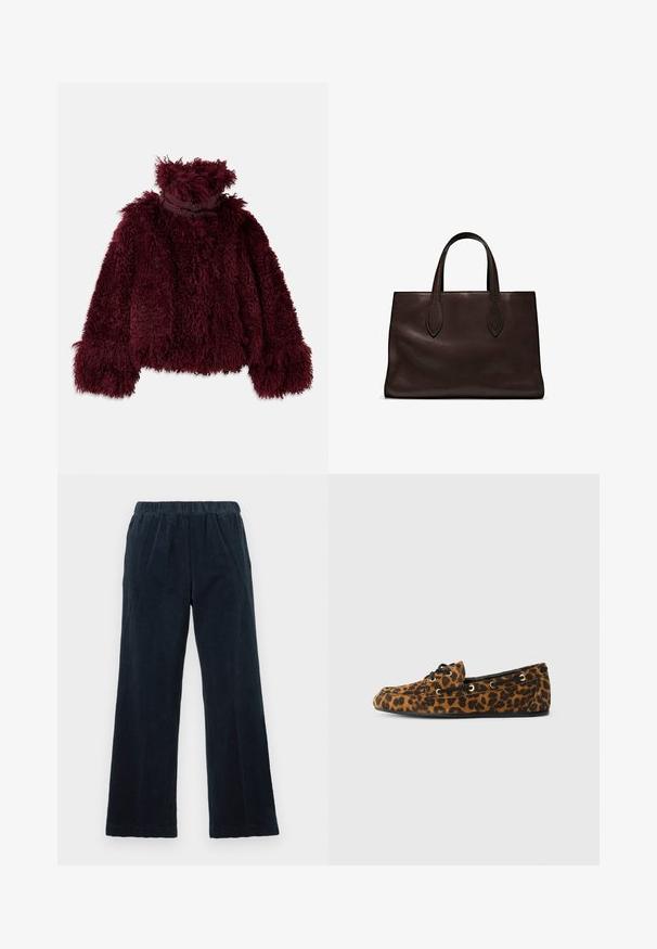 Burgundy faux fur jacket with a high collar, featuring a textured, fluffy surface and decorative black hardware accents at the neck.; Dark green turtleneck sweater made of soft fabric, featuring long sleeves and a ribbed neckline, with a relaxed fit and minimalistic design.; Navy corduroy trousers with a wide-leg design, elastic waistband, and vertical ribbed texture. Features side pockets and a straight hem.; Leopard-print loafers with a soft texture, rounded shape, black laces, and gold eyelets, featuring a flat rubber sole.; Brown leather tote bag with two elongated handles, structured rectangular shape, smooth texture, and subtle stitching details.; Gold-colored hoop earrings with a curved, irregular shape and a smooth, polished texture. No visible hardware or accents.