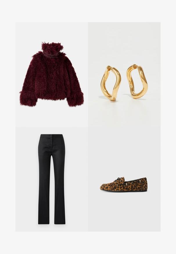 Bordeaux faux fur jakke med høj krave, der har en tekstureret, fluffy overflade og dekorative sorte hardware detaljer ved halsen.; Mørkegrøn turtleneck sweater lavet af blødt stof, med lange ærmer og ribbet halsudskæring, i en afslappet pasform og med minimalistisk design.; Sorte, tætsiddende bukser med en glat tekstur, en let skinnende overflade og lige ben. Ingen synlig hardware eller mønstre.; Leopardmønstret loafers med en blød tekstur, rund form, sorte snørebånd og gyldne øjer, med en flad gummisål.; Guldfarvede hoops øreringe med en buet, uregelmæssig form og en glat, poleret overflade. Ingen synligt hardware eller dekorationer.