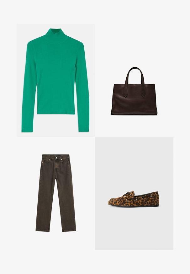 Veste en fausse fourrure bourgogne avec un col haut, présentant une surface texturée et duveteuse, ainsi que des accents de quincaillerie noire décoratifs au niveau du cou.; Pull à col roulé vert en tricot côtelé, avec des manches longues et des détails subtils sur les coutures latérales pour une apparence ajustée et élégante.; Jeans droit marron foncé en denim, avec un design classique à cinq poches, des éléments en métal et des détails de couture visibles.; Lofers à imprimé léopard avec une texture douce, une forme arrondie, des lacets noirs et des œillets dorés, dotés d'une semelle en caoutchouc plate.; Sac tote en cuir marron avec deux poignées allongées, forme rectangulaire structurée, texture lisse et détails de couture subtils.; Boucles d'oreilles en argent à finition polie, présentant une forme circulaire et une fermeture à charnière, mettant en avant un design épuré et minimaliste.