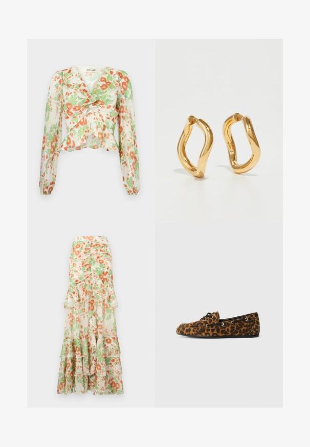 Chaqueta de piel sintética burdeos con cuello alto, que presenta una superficie texturizada y esponjosa, y detalles decorativos de metal negro en el cuello.; Diane von Furstenberg MARY - Blusa - marlene batik ivory; Falda maxi floral con fondo crema, estampado de flores naranjas y verdes, capas con volantes y diseño de cintura ajustada.; Mocasines de print de leopardo con una textura suave, forma redondeada, cordones negros y ojales dorados, con una suela de goma plana.; Pendientes de aro color oro con una forma curva e irregular y una textura suave y pulida. Sin hardware o acentos visibles.