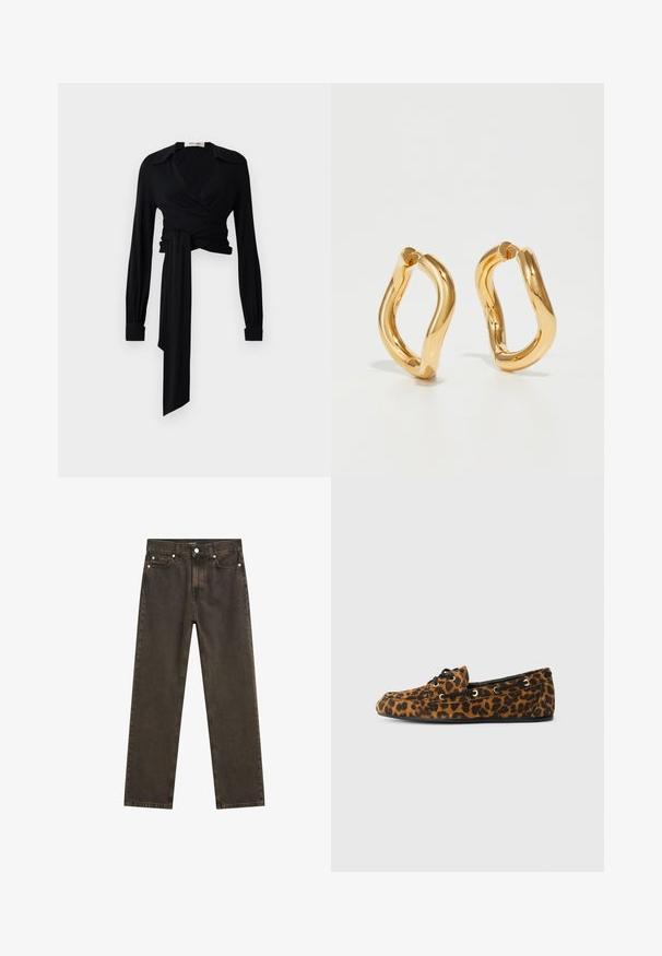 Giacca in pelliccia sintetica bordeaux con colletto alto, caratterizzata da una superficie soffice e texturizzata e dettagli decorativi in metallo nero al collo.; Blusa nera avvolgente con maniche lunghe, colletto a punta e dettagli legati in vita. Realizzata in un tessuto liscio con una texture leggera.; Jeans dritti di colore marrone scuro in denim, caratterizzati da un classico design a cinque tasche, accessori in metallo e dettagli di cucitura visibili.; Mocassini con stampa leopardata, dalla texture morbida, forma arrotondata, lacci neri e occhielli dorati, con suola piatta in gomma.; Orecchini a cerchio color oro con una forma curva e irregolare e una superficie liscia e lucida. Nessun hardware o accenti visibili.