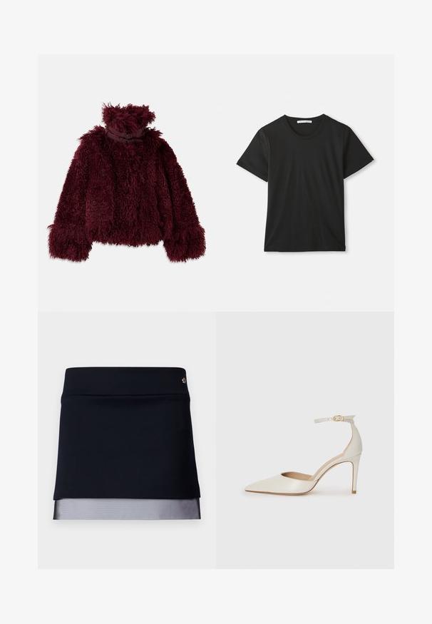 Vyno raudonos spalvos dirbtinės kailio striukė su aukštu apykakle, turinti tekstūruotą, pūkuotą paviršių ir dekoratyviais juodais detalėmis prie kaklo.; Juodas trumpomis rankovėmis, apvaliu kaklu, pagamintas iš medvilnės marškinėliai, išskleisti ant balto fono, su matomu prekės ženklu apykaklėje.; Juoda sijonas su prigludusia liemene ir permatomu tinklo apdailos priedu. Audinys lygaus paviršiaus, su struktūrizuotu dizainu, apipavidalintas maža metaline detale.; Balti odiniai aukštakulniai batai su smailiu priekiniu galu, kulkšnies dirželiu ir siauru stiletu. Lygi tekstūra su subtiliu blizgiu paviršiumi.