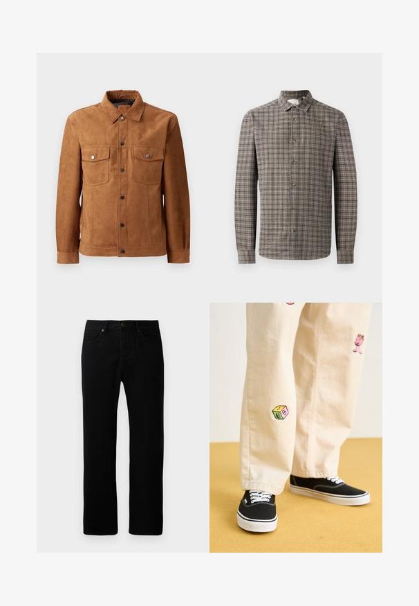 Pruun sametjacket, millel on klassikaline krae, kaks rinnataskut, ees nupuga sulgemine ja pikad varrukad, millel on nööpidega mansetid.; Pikkade varrukatega nööbitav särk pruun-halli ruudulises mustris, klassikalise krae ja ees nööbiplokiga.; Mustast denimist valmistatud sirge jala disainiga püksid, viie tasku stiil, ees nupuga sulgemine ja peened tikandi detailid.; Bežistestased püksid, millel on mängulised tikandid, sealhulgas roosa tegelane ja värvikad plokid, koos mustade nöörkingadega.