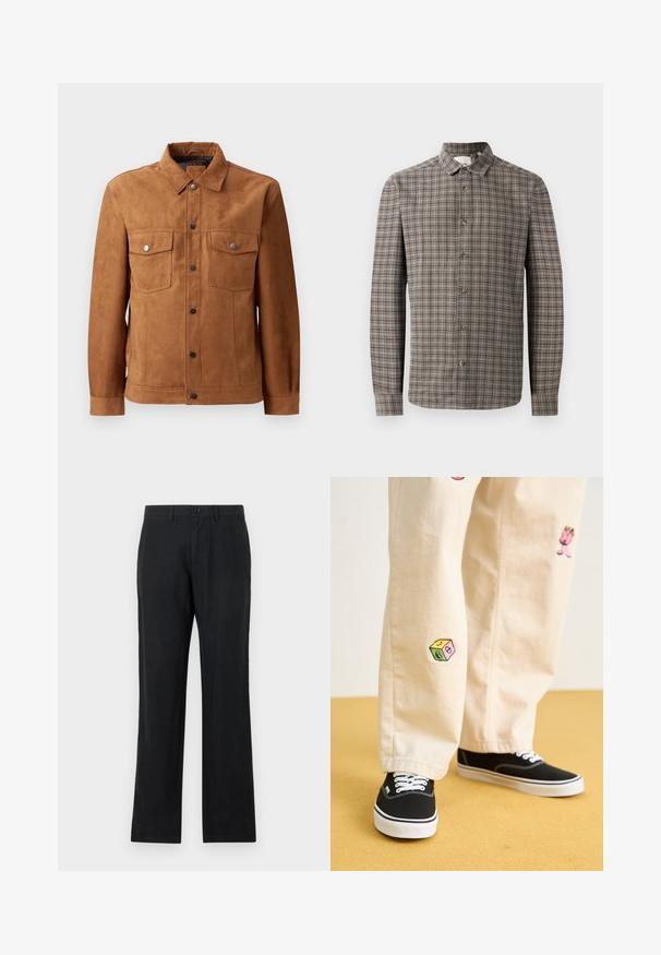 Hnedý semišový kabát s klasickým golierom, dvoma náprsními vreckami, predným zapínaním na gombíky a dlhými rukávmi s gombíkovými manžetami.; Košeľa s dlhým rukávom v hnedo-šedej kárované vzore, s klasickým golierom a zapínaním na gombíky vpredu.; Čierne nohavice vyrobené z ľahkého materiálu, strih prispôsobený telu, rovné nohavice, s gombíkovým uzáverom a prednými vreckami. Hladká textúra.; Béžové bavlnené nohavice s hravými vyšívanými vzormi vrátane ružovej postavy a farebného bloku, skombinované s čiernymi šnurovacími teniskami.