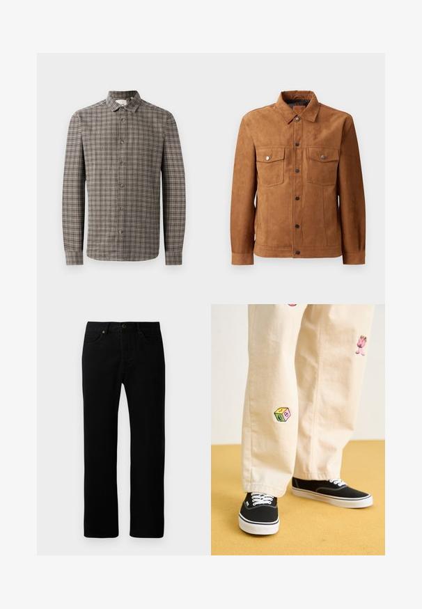 Brun semsket skinnjakke med klassisk krage, to brystlommer, knappelukking foran og lange ermer med knappede mansjetter.; Langermet skjorte med knappestengning i brun og grå rutete mønster, med klassisk krage og knappelukking foran.; Svarte denimjeans med rette ben, fem lommer, knappfeste foran og subtile sømdetaljer.; Beige bomullsbukser med lekne broderte design, inkludert en rosa karakter og fargede blokker, kombinert med svarte snørebåndssko.