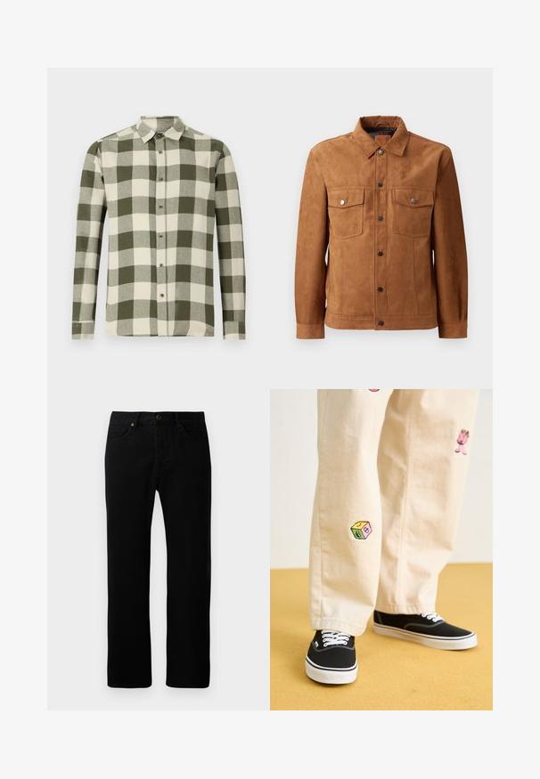 Rudos zomšos pagamintas švarkas su klasikiniu apykaklė, dviem krūtinės kišenėmis, priekyje mygtukų uždarymu ir ilgomis rankovėmis su mygtukais.; Ilgų rankovių marškiniai žaliai kreminiu languotu raštu, pagaminti iš lengvos medžiagos, su mygtukų užsegimu ir priekiu su mygtukais.; Juodos džinsinės kelnės su tiesia kojų forma, penkių kišenių dizainu, priekinėse sagčių uždarymo sistemoje ir subtiliais siuvinėjimo akcentais.; Bežinės medvilninės kelnės su žaismingais siuvinėjimais, įskaitant rožinį personažą ir spalvotą bloką, derinamos su juodais bateliais su raišteliais.