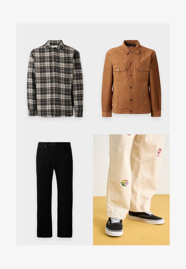 Brown suede jacket featuring a classic collar, two chest pockets, front button closure, and long sleeves with buttoned cuffs.; Black and white textured plaid button-up jacket with long sleeves and a collar, laid flat against a plain white background.; Black denim jeans with a straight leg design, five-pocket styling, front button closure, and subtle stitching details.; Beige cotton pants with playful embroidered designs including a pink character and colored block, paired with black lace-up sneakers.