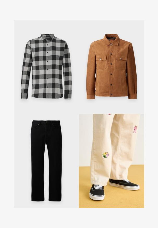 Pruun sametjacket, millel on klassikaline krae, kaks rinnataskut, ees nupuga sulgemine ja pikad varrukad, millel on nööpidega mansetid.; Must mustriba mustvalge ruuduline pikkade varrukatega särk, millel on nööbiga esiosa. Omab kraed ja musti nuppe. Valmistatud pehmest, tekstureeritud kangast.; Mustast denimist valmistatud sirge jala disainiga püksid, viie tasku stiil, ees nupuga sulgemine ja peened tikandi detailid.; Bežistestased püksid, millel on mängulised tikandid, sealhulgas roosa tegelane ja värvikad plokid, koos mustade nöörkingadega.