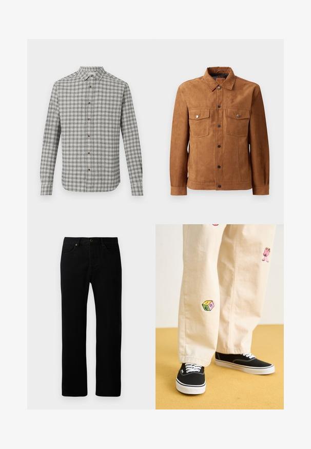 Hnedý semišový kabát s klasickým golierom, dvoma náprsními vreckami, predným zapínaním na gombíky a dlhými rukávmi s gombíkovými manžetami.; Dlhý rukáv, košeľa na gombíky s bielou a čiernou károvanou vzorom, klasický golier a hnedé gombíky na jednofarebnom pozadí.; Čierne denimové rifle so strihom rovného nohavice, päť vreciek, predným zapínaním na gombík a jemnými detailami stehov.; Béžové bavlnené nohavice s hravými vyšívanými vzormi vrátane ružovej postavy a farebného bloku, skombinované s čiernymi šnurovacími teniskami.