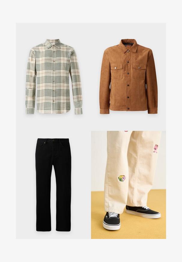 Pruun sametjacket, millel on klassikaline krae, kaks rinnataskut, ees nupuga sulgemine ja pikad varrukad, millel on nööpidega mansetid.; Kreemikattega nööbid-up särk, millel on roheline ja oranž ruuduline muster. Omab pikki varrukaid ja klassikalist kraed. Valmistatud tekstureeritud kangast.; Mustast denimist valmistatud sirge jala disainiga püksid, viie tasku stiil, ees nupuga sulgemine ja peened tikandi detailid.; Bežistestased püksid, millel on mängulised tikandid, sealhulgas roosa tegelane ja värvikad plokid, koos mustade nöörkingadega.